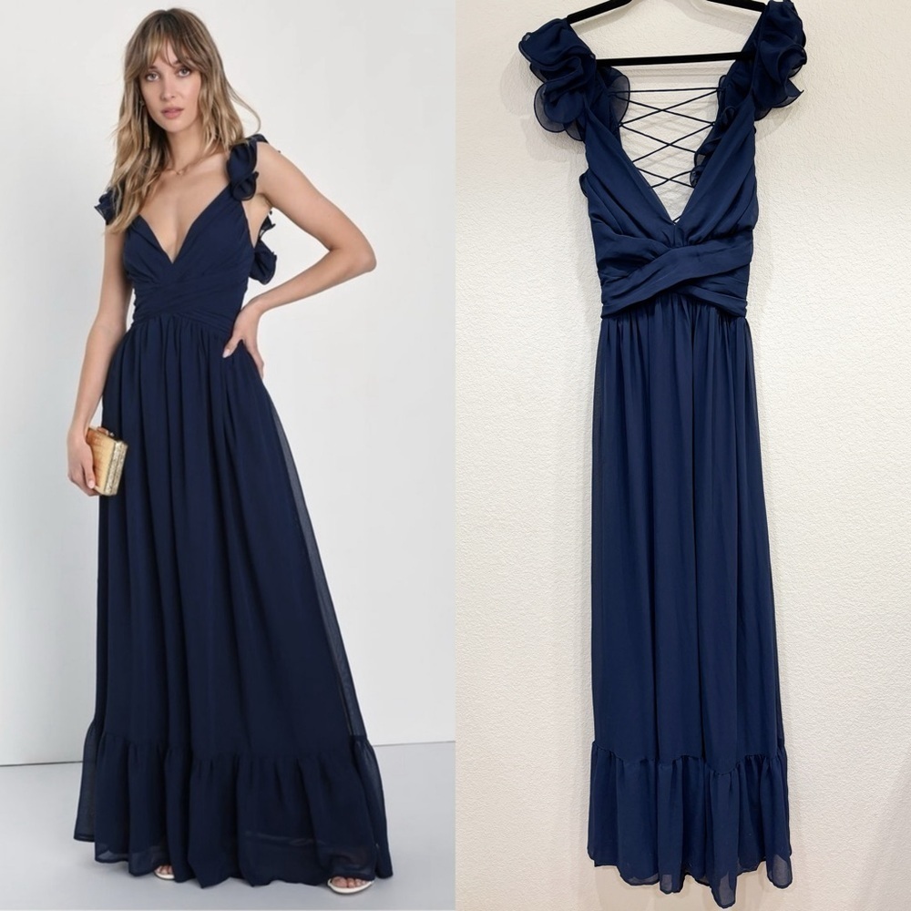 NWOT Lulus Soiree Celebration Navy Blue‎ Ruffled Lace-Up Maxi Dress